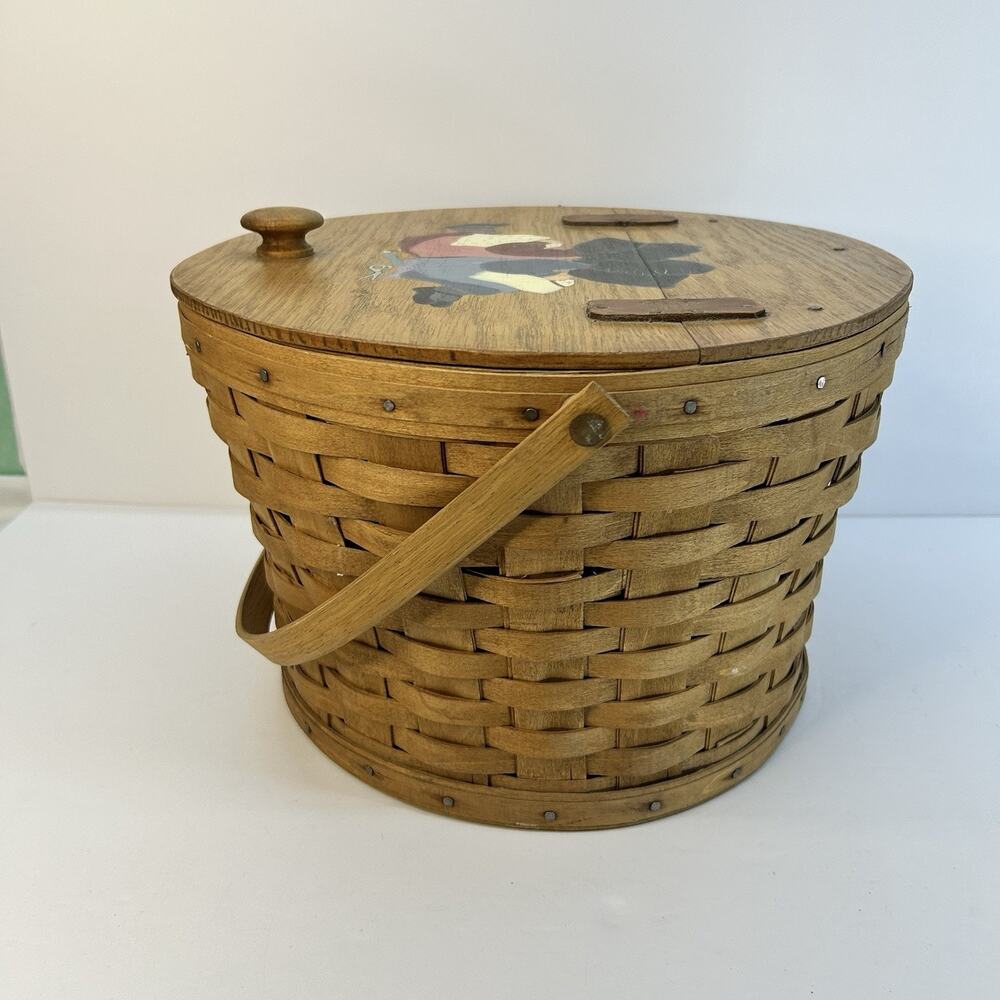 Vintage 1986 Longaberger Sewing Yarn Basket Leather Hinged Lid Painted - Picture 3 of 16